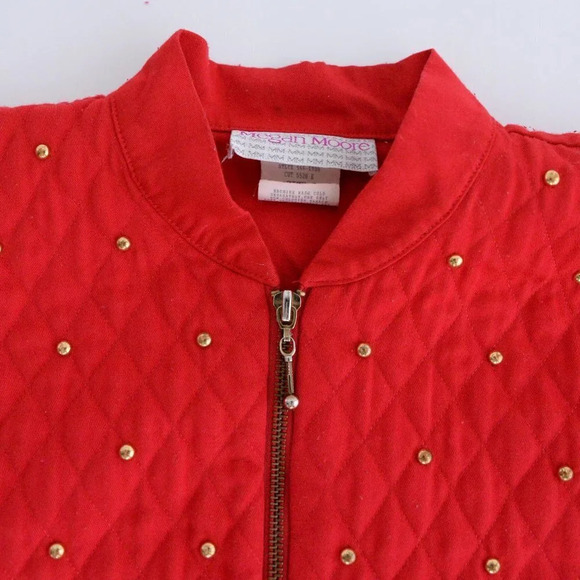 Vintage Megan Moore Red with Gold Bead Stud Zip Up Bomber Jackets Size  8 - Picture 11 of 11